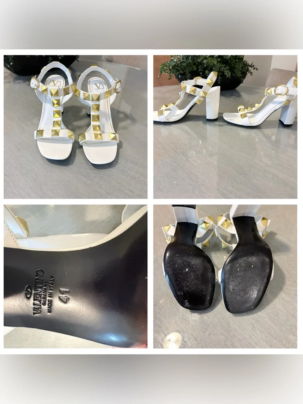 Valentino Garavani White Leather T-Strap Sandals with Gold Pyramid Studs